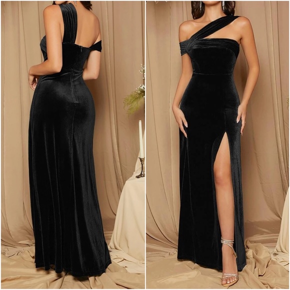 Luxurious One Shoulder Velvet Evening Wedding Formal Maxi Dress - Picture 5 of 8